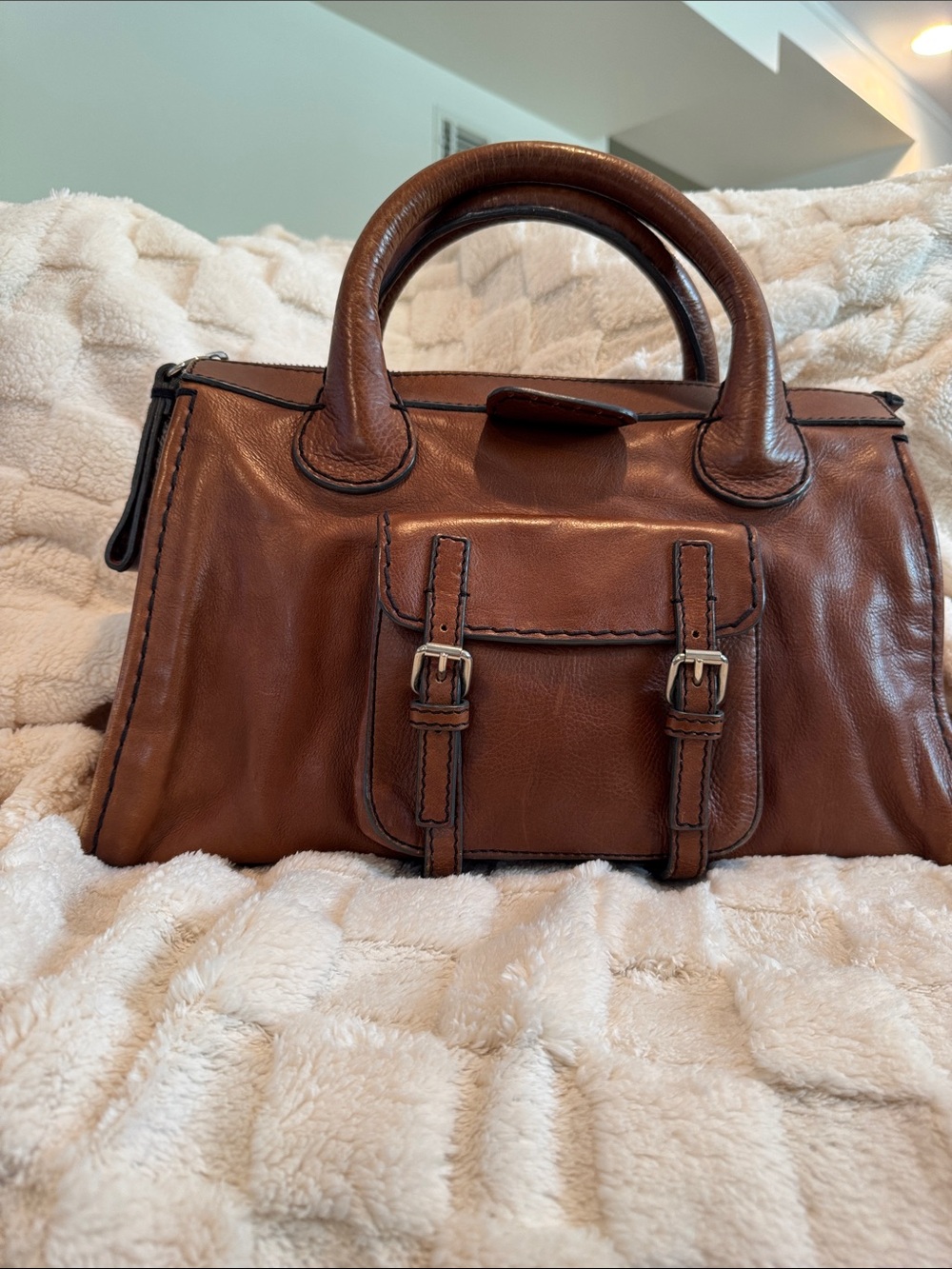Chloe Whiskey Brown Leather Satchel with Front Buckle Pocket